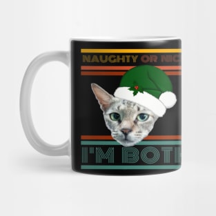 Naughty Or Nice? I'm Both Funny Retro Text Design with Cat in Green Santa Hat with Holly Mug